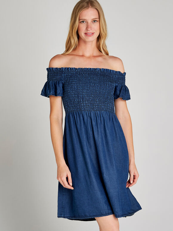 Blue Bardot Denim Look Dress, Blue, large