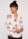 Peony Print Mandarin Collar Top, Cream, large