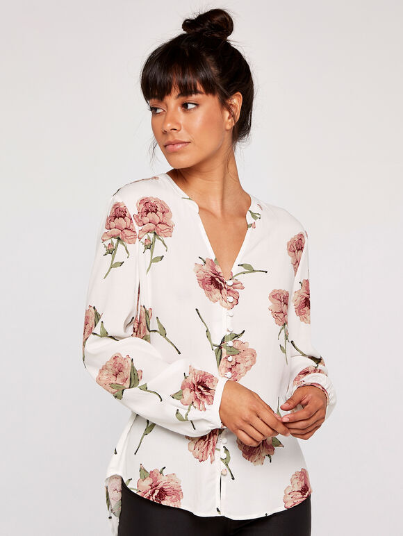 Peony Print Mandarin Collar Top, Cream, large