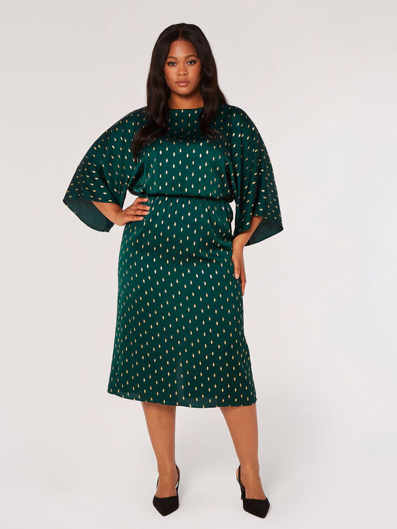 Curve Gold Foil Satin Midi Dress, Green, large