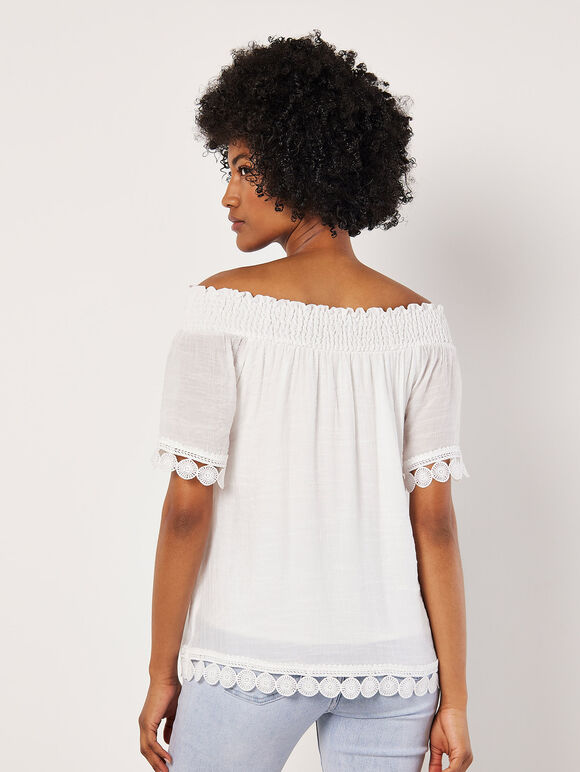 Crochet Lace Trim Bardot Top, Cream, large