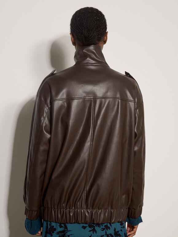 Oversized Faux Leather Jacket, Brown, large