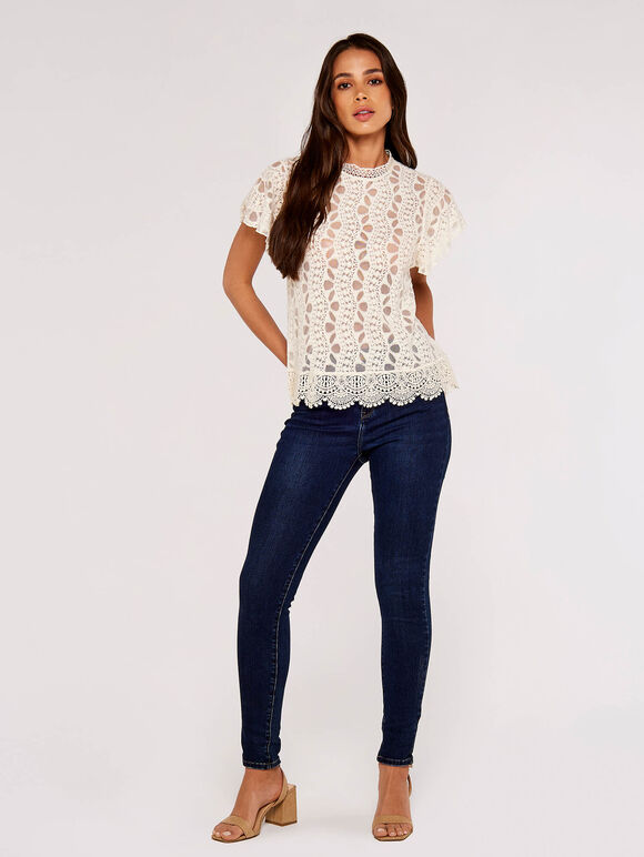 Embroidered High Neck Top, Stone, large