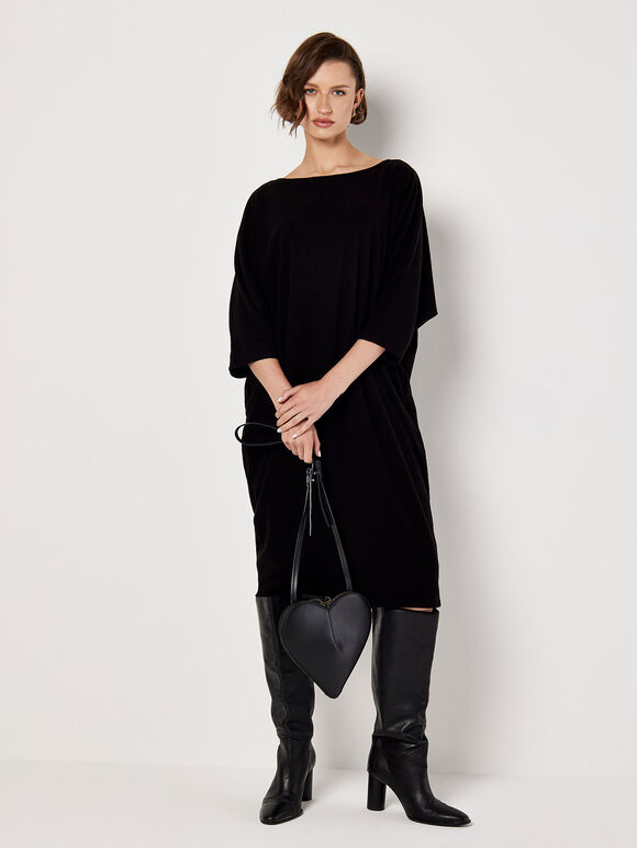 Ribbed Knit Cocoon Midi Dress, Black, large