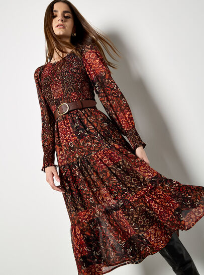 Ikat Patchwork Smocked Chiffon Midi Dress