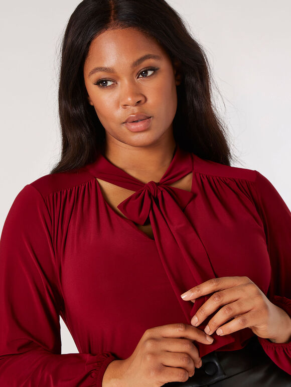 Curve Tie Neck Jersey Top, Burgundy, large