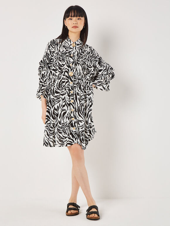 Zebra Oversized Tiered Mini Dress, Black, large