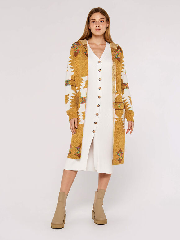 Mustard Aztec Hooded Cardigan, Mustard, large