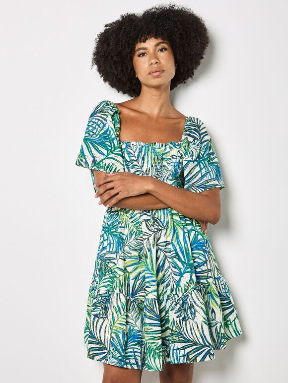 Palm Print Cotton Broderie Mini Dress, White, large