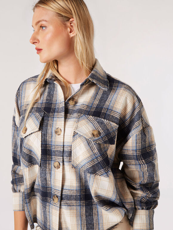 Raw Edge Check Shacket, Navy, large