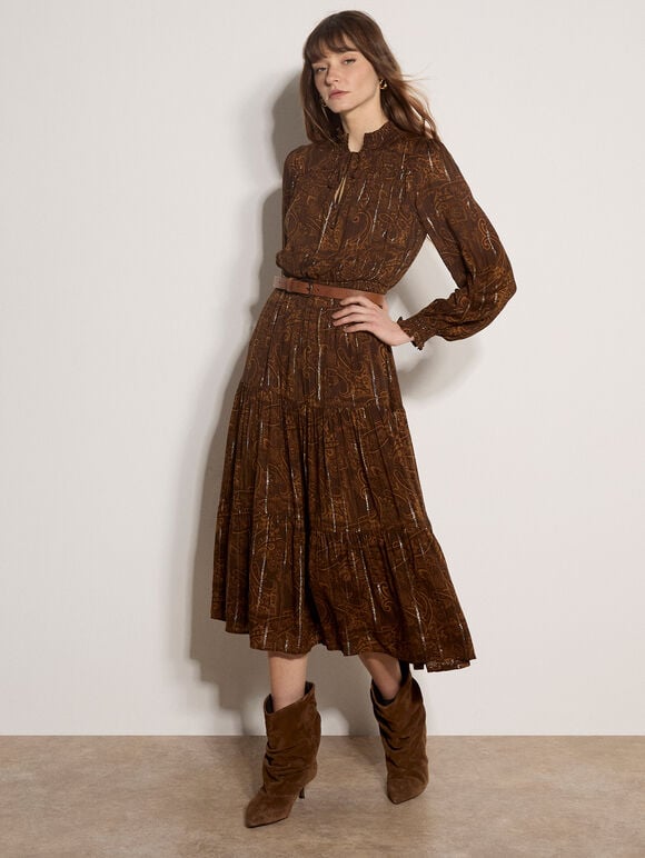 Paisley Metallic Shimmer Tiered Midi Dress, Brown, large