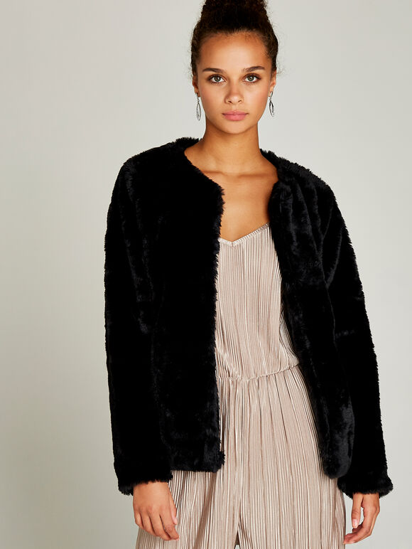 Faux Fur Short Crop Jacket, Black, large
