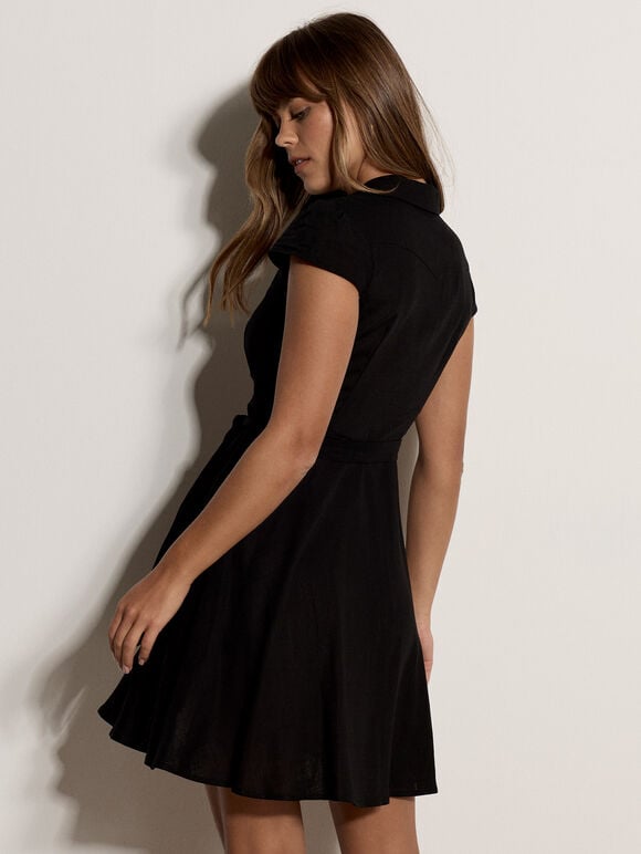 Linen Blend Shirt Mini Dress, Black, large