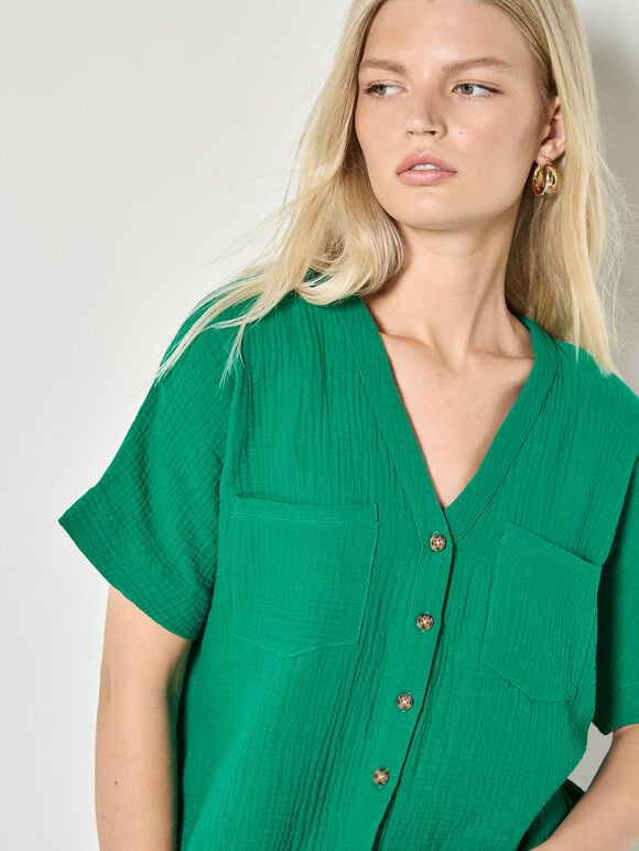 Textured V-Neck Blouse, Green, large