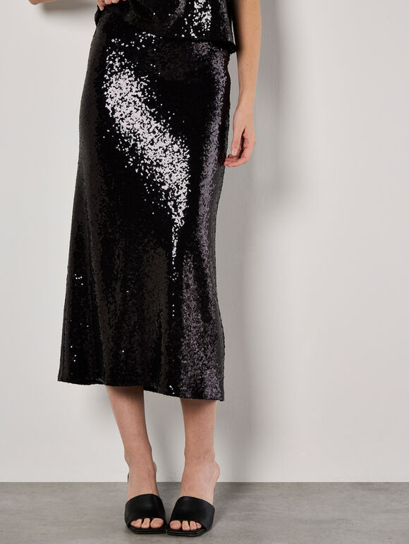 Sequin Bias Cut Midaxi Skirt, Black, large