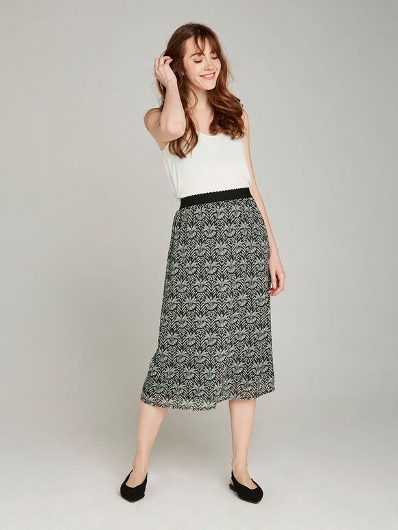 Black Graphic Leaf Floral Midi Skirt, Black, large