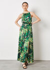 Tropical Leaf Satin Midi Dress, Navy, large