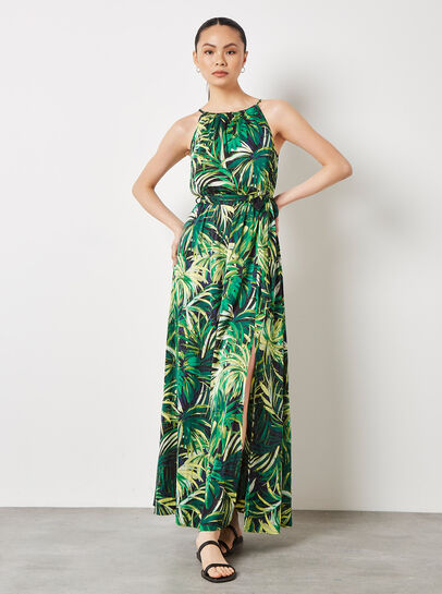 Tropical Leaf Satin Maxi Dress