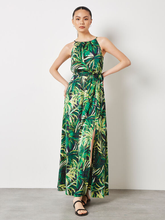 Tropical Leaf Satin Midi Dress, Navy, large
