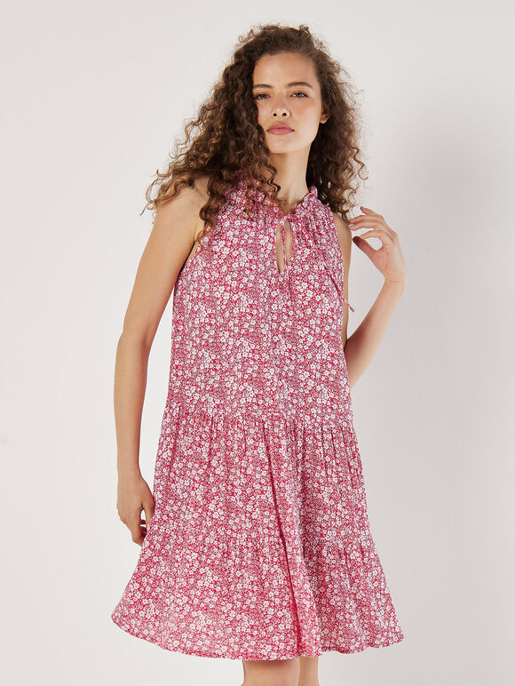 Ditsy Floral Tiered Mini Dress, Red, large