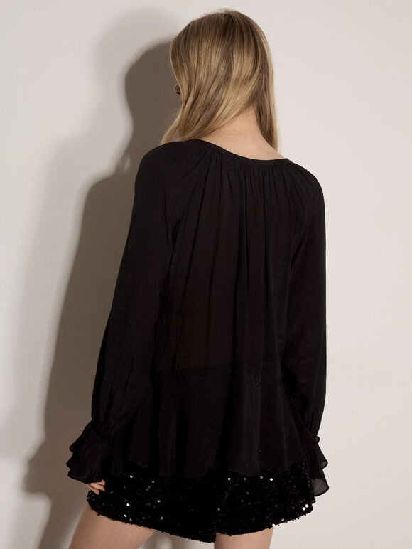 Textured Peplum Hem Blouse, Black, large