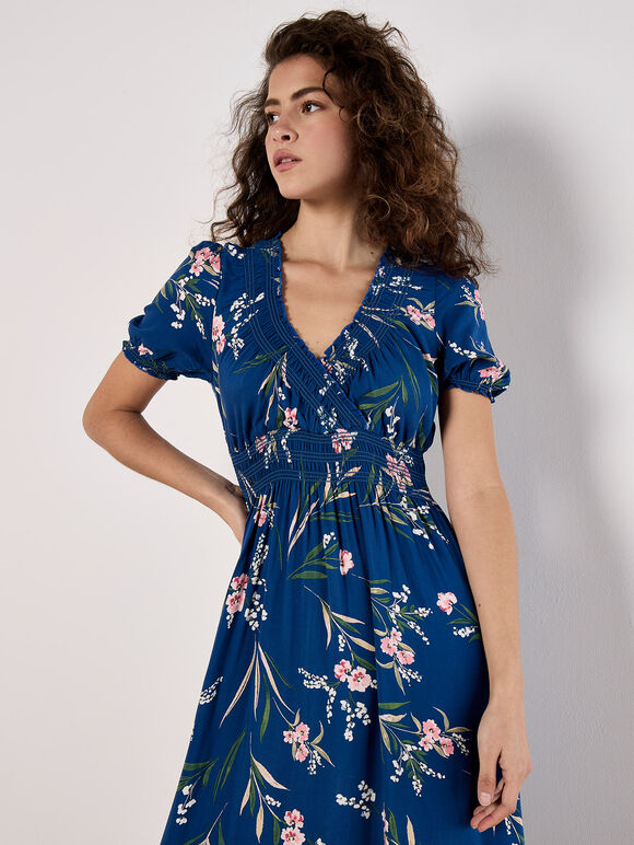 Watercolour Floral Smocked Maxi Dress, Blue, large