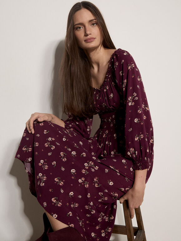 Floral Midi Dress, Burgundy, large