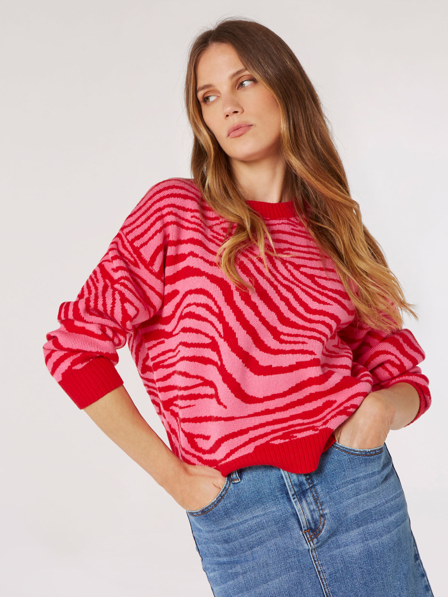 Bright Zebra Chunky Knit Jumper Apricot Clothing