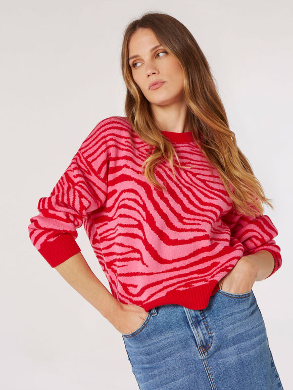 Bright Zebra Chunky Knit Jumper, Red, large