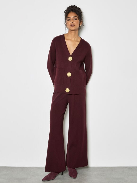 Statement Hammered Buttons Lightweight Cardigan, Burgundy, large