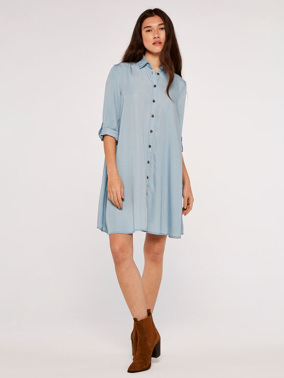 Denim Swing Shirt Mini Dress, Blue, large