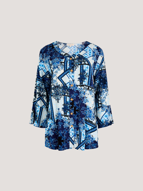 Patchwork Scarf Print Blouse, Blue, large