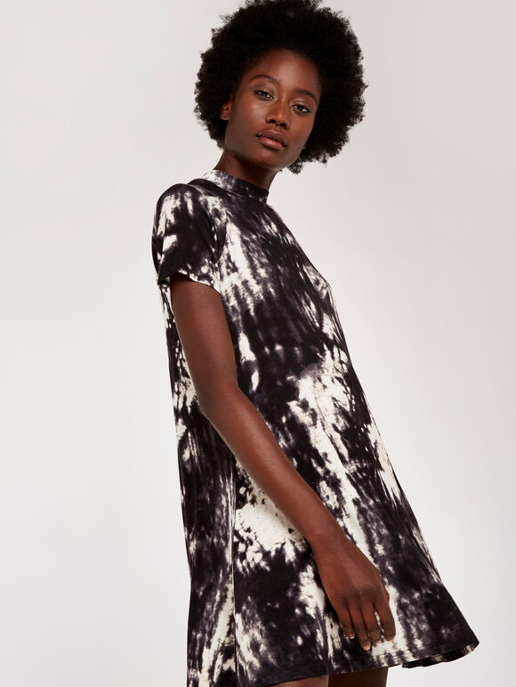 Tie Dye Jersey Mock Neck Dress, Dark Grey - Charcoal, large