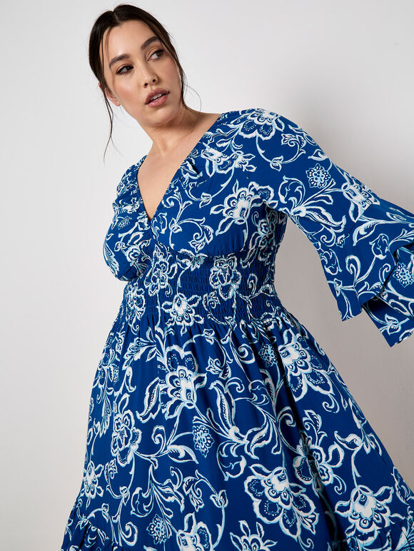 Sarasa Floral Smocked Ruffle Mini Dress, Blue, large