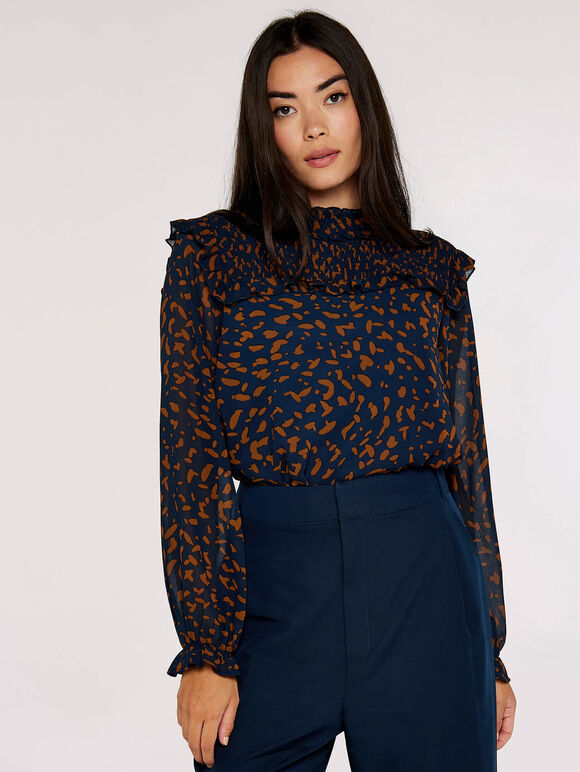 Animal Print Chiffon Top, Navy, large
