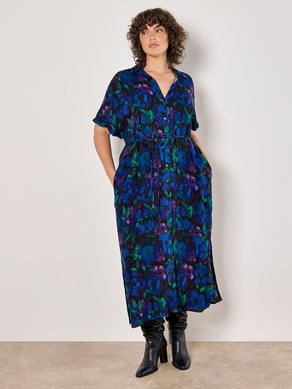 Curve Floral Shirt Midaxi Dress, Blue, large