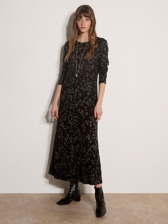 Jersey Knit Leopard Print Maxi Dress, Khaki, large