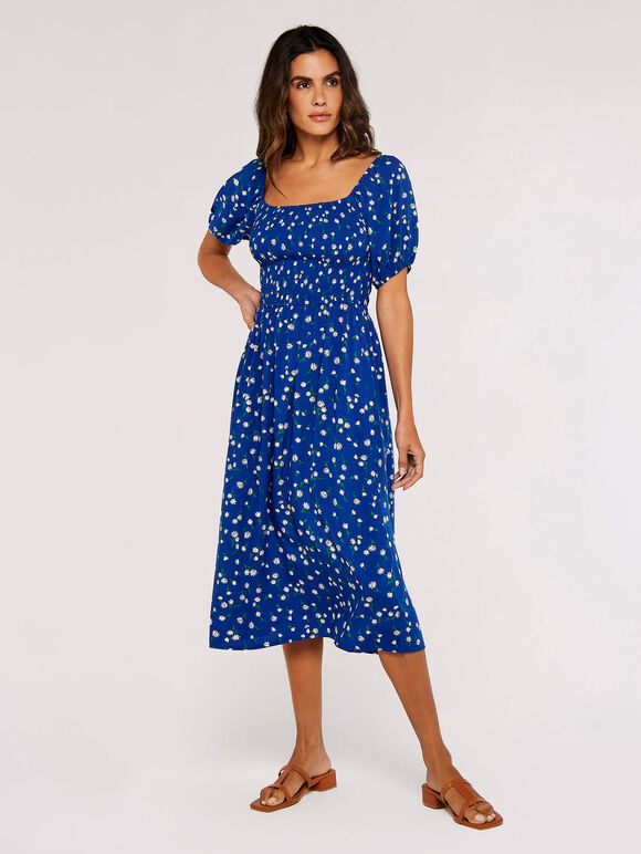 Floral Puff Sleeve Midi Dress, Blue, large