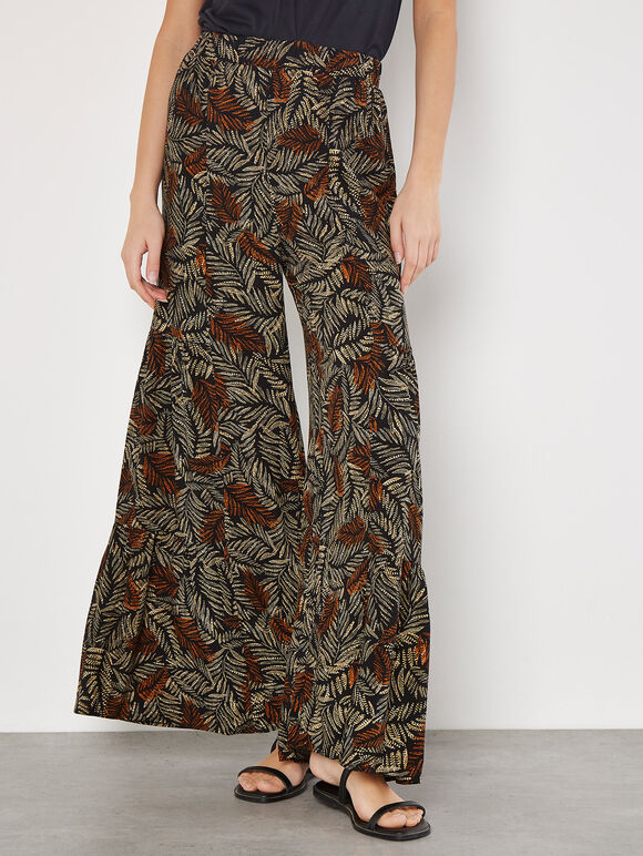 Batik Leaves Tiered Wide-Leg Trousers, Black, large