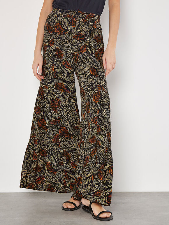 Batik Leaves Tiered Wide-Leg Trousers, Black, large