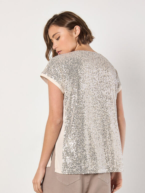 Sequin Embellished T-Shirt, Stone, large