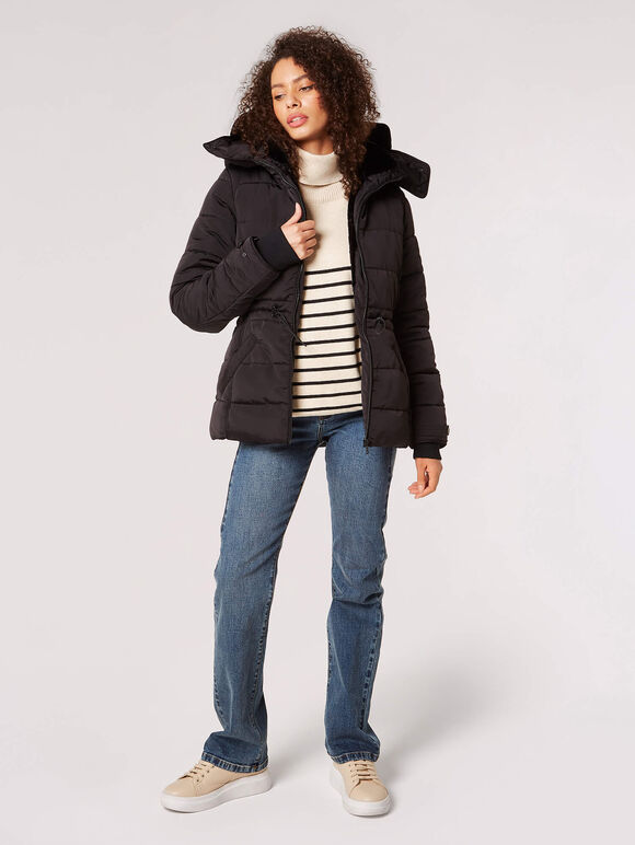Faux Fur Hood Puffer Jacket, Black, large