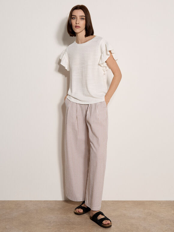 Ruffle Sleeve Textured T-Shirt, Cream, large