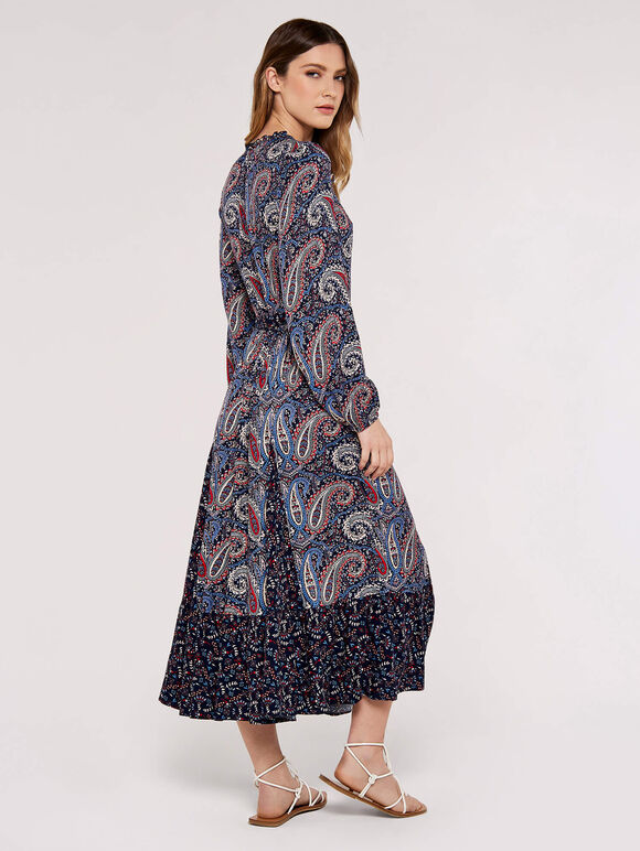 Paisley Mix-Match Midi Dress, Navy, large
