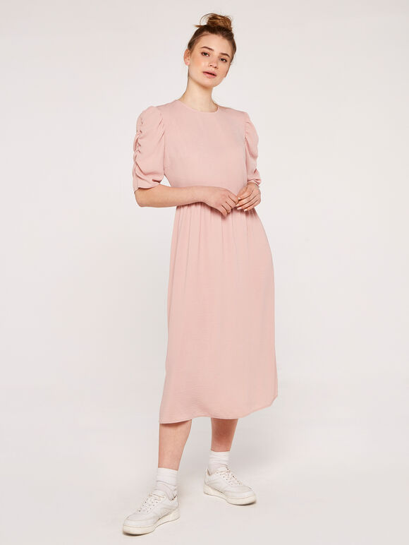 Puff Shoulder Midi Dress, Pink, large