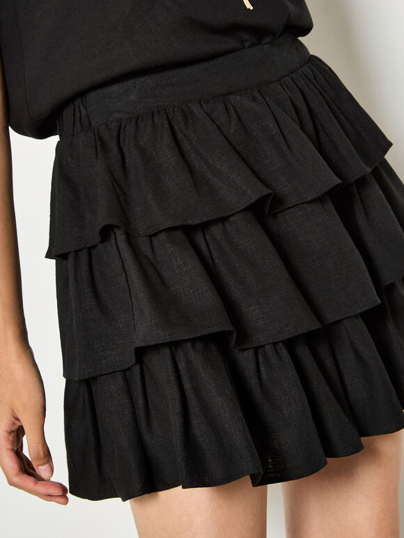 Linen Blend Ruffle Tiered Mini Skirt, Black, large