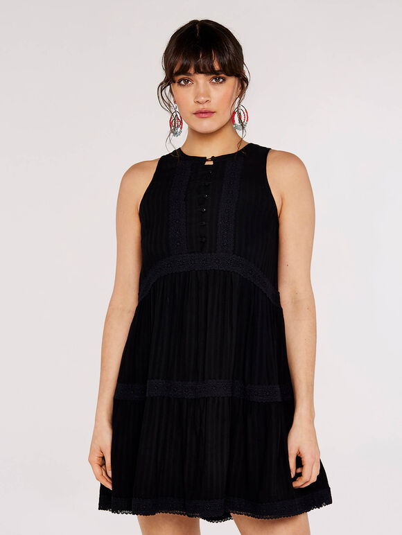 Boho Tiered Mini Dress, Black, large