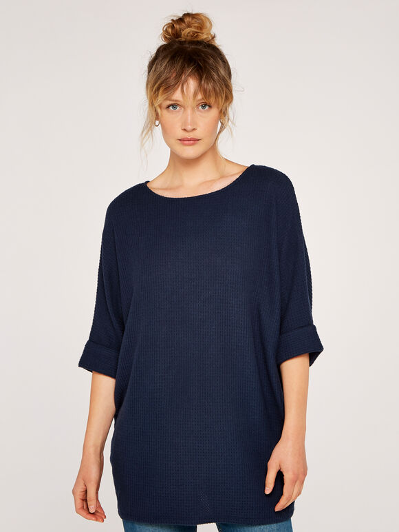 Soft-Touch Batwing Waffle Knit Top, Navy, large