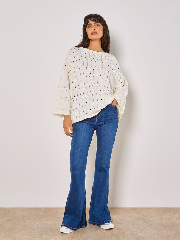 Pointelle Knit Bell Sleeve Jumper, White, large