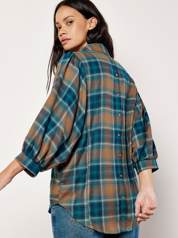 Soft Touch Balloon Sleeve Check Shirt, Brown, large